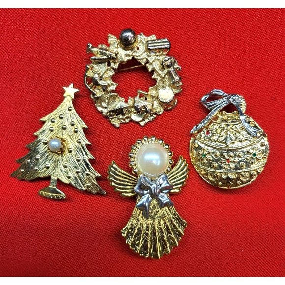 Unbranded Jewelry - Christmas Pins Brooches Set of 4 Christmas Tree Angel Pearl Wreath Ornament